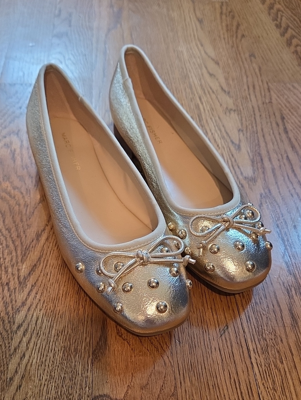 Marc Fisher Metallic Gold Champagne Studded Bow Ballet Flats